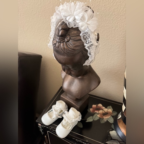 Christening Assessories - Elegant White Baby Shoes, Lace Headband & Socks - Picture 2 of 13